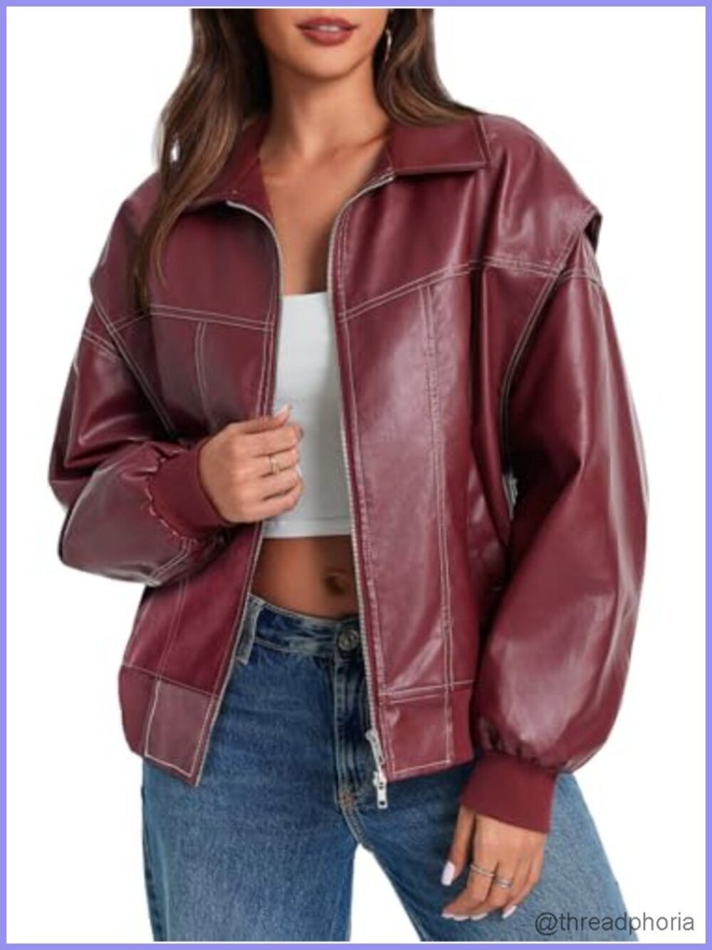 Oversized Faux Leather Bomber Jacket Zip Up Motorcycle Coat with Pockets